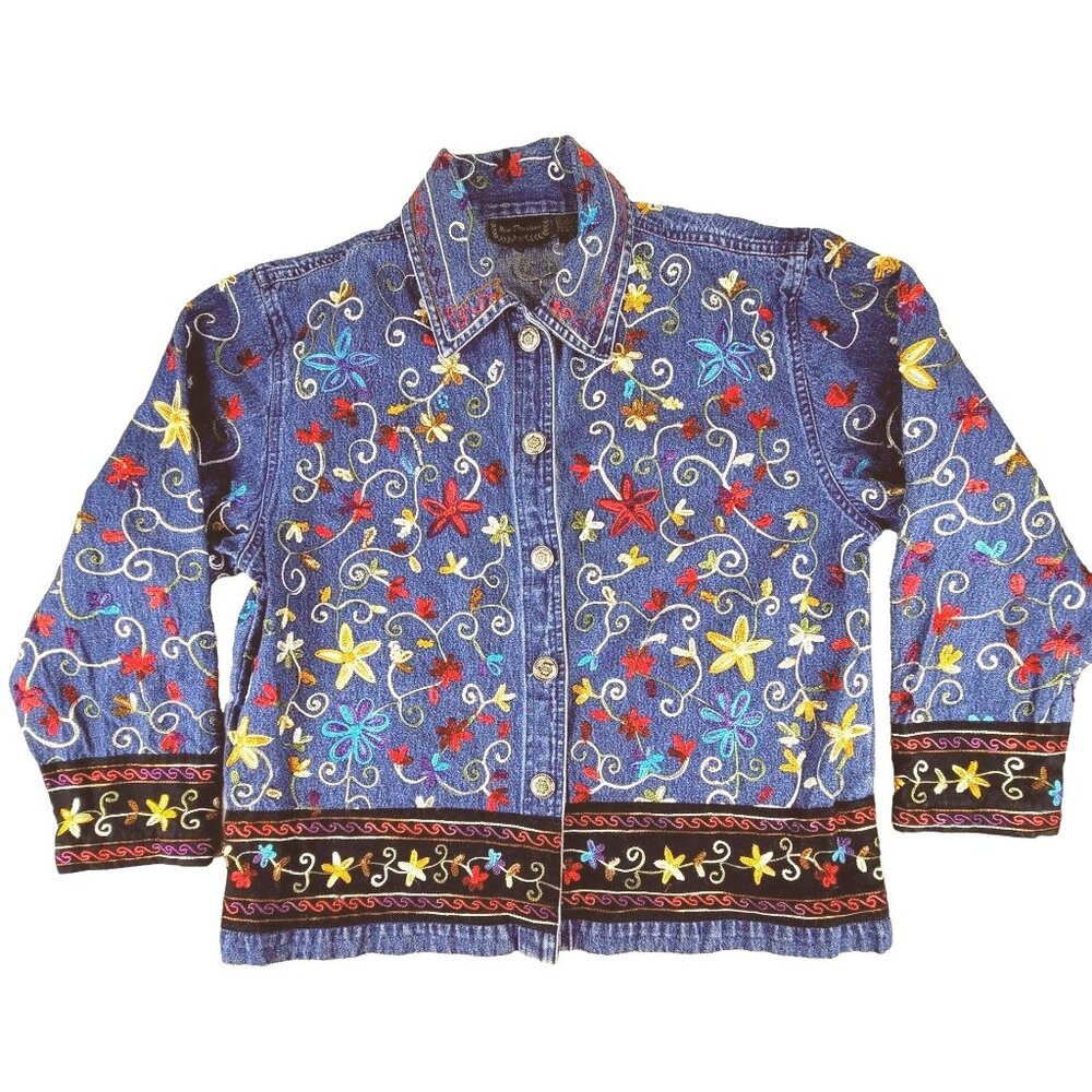 Vintage Womens Denim Jacket Embroidery Embellished Size Large JH1533